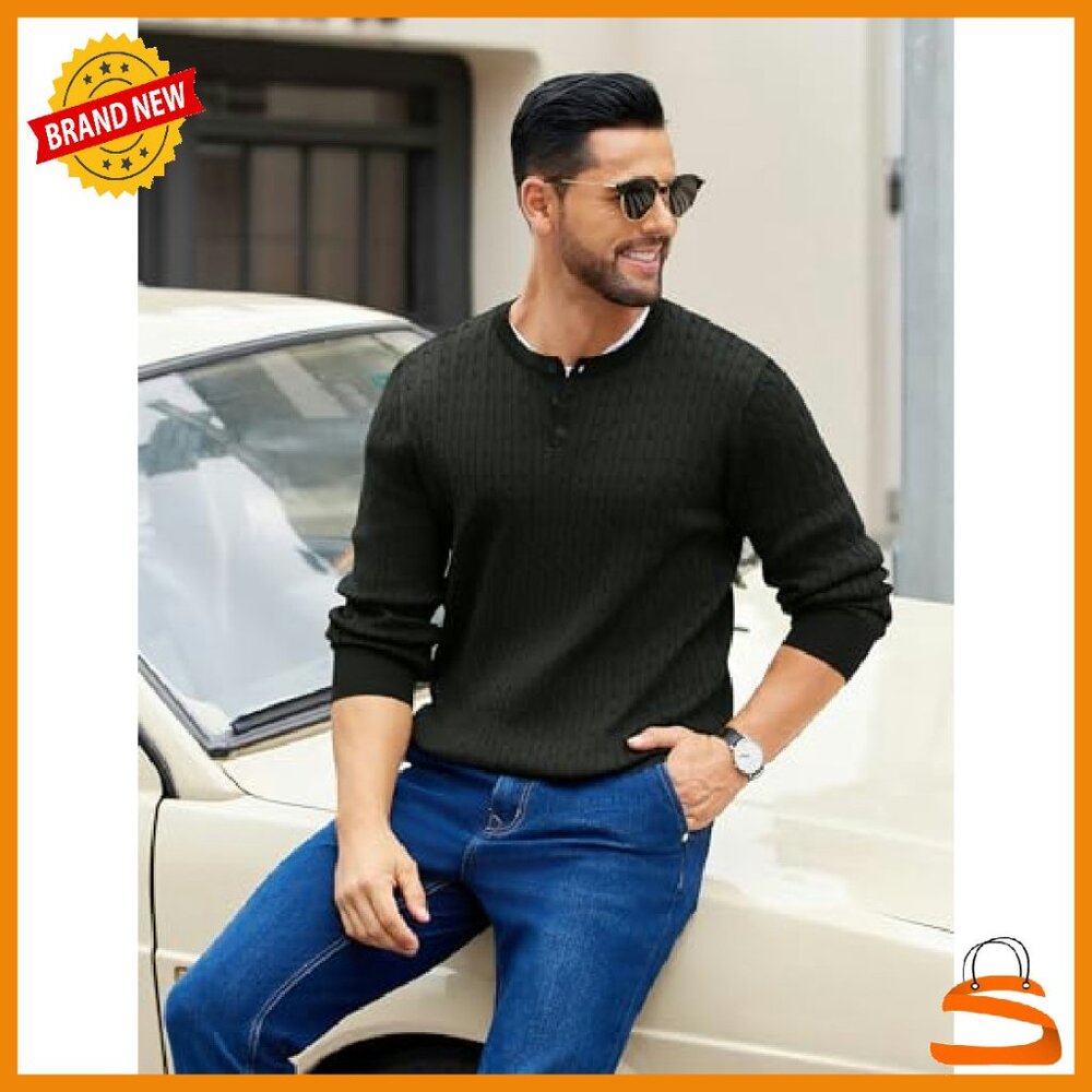 Men's Cable Knit Henley Sweater Long Sleeve Button Down Pullover - Picture 4 of 7